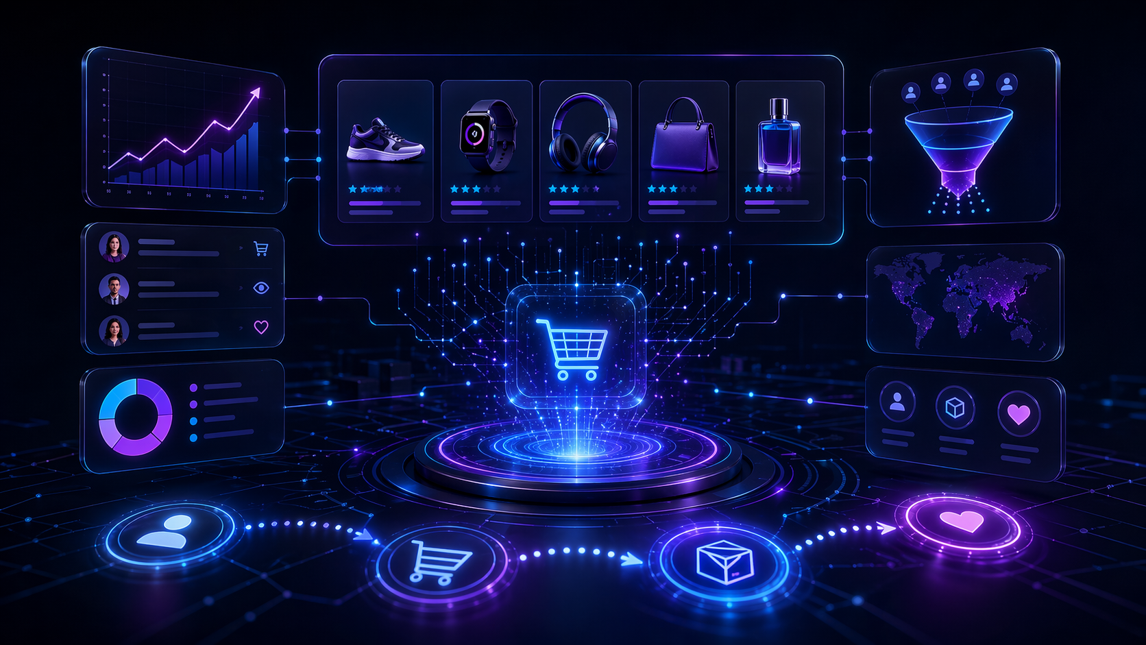 Futuristic ecommerce AI growth dashboard with recommendation panels