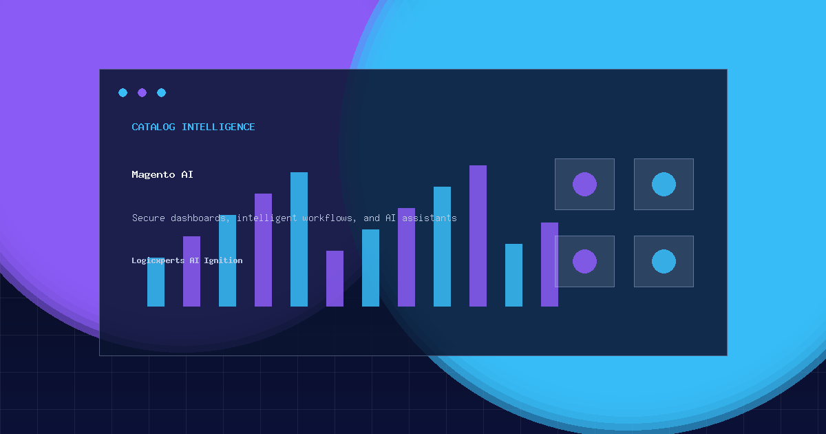 Magento AI automation dashboard with catalog intelligence panels